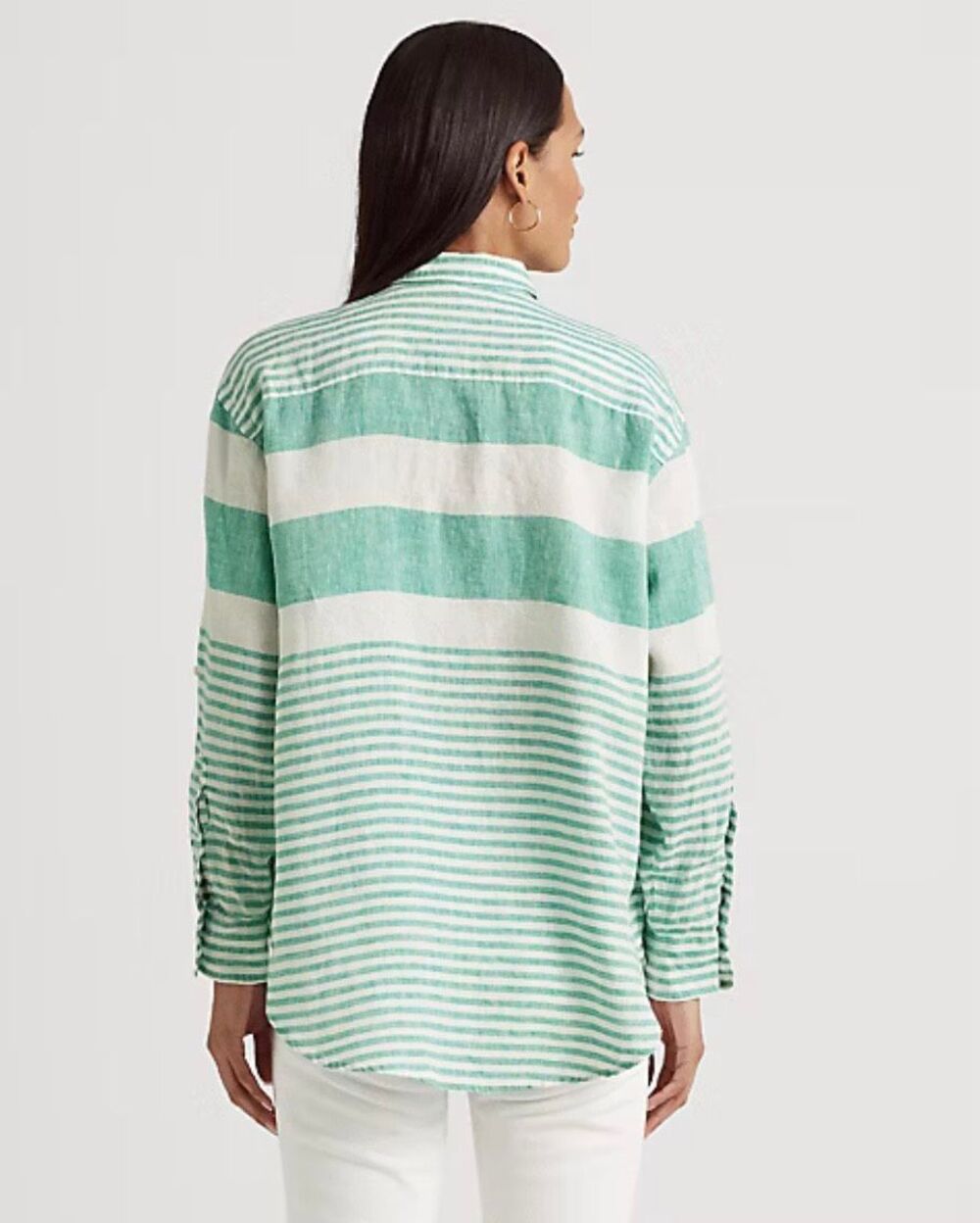 Lauren Ralph Lauren Oversized Striped Linen Shirt Green White Size M - Picture 2 of 12